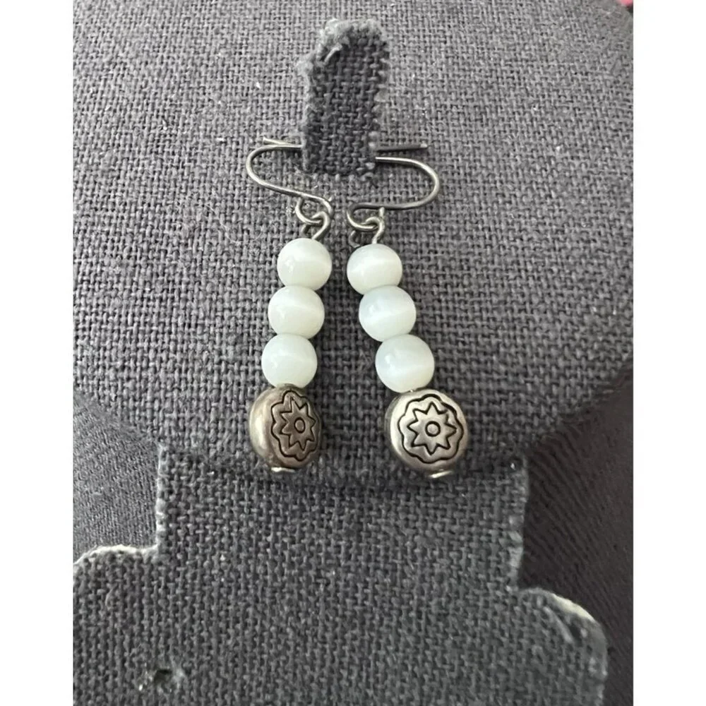 Artisan Handmade Three Drop Cat's Eye Gemstone Silver Bead Hook Earrings